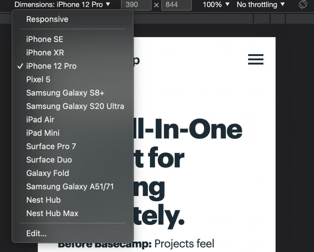 responsive options in inspect element, filter by devices