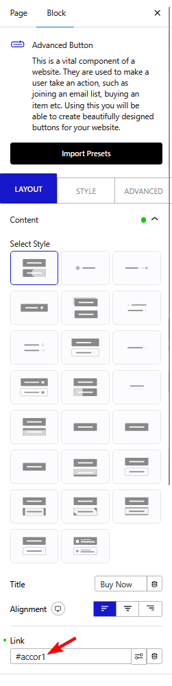 How to set an anchor link to an accordion item in WordPress? 6 accordion layout advanced block link new