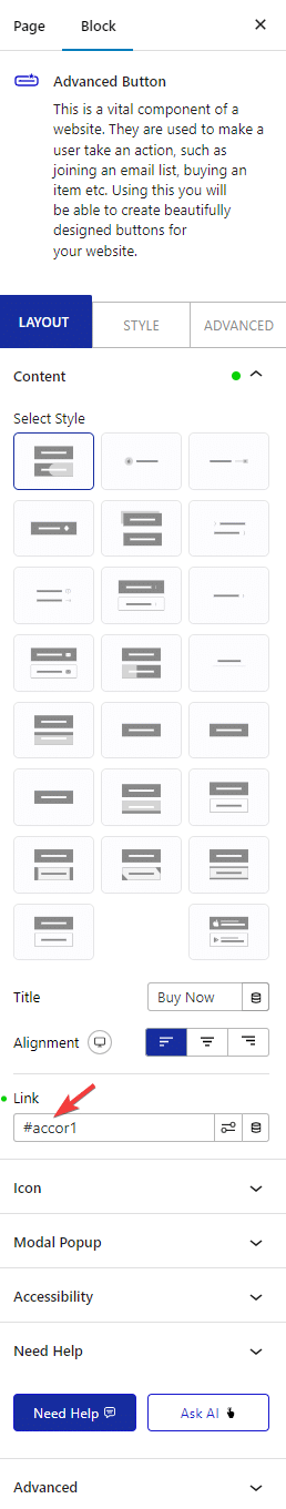 accordion layout advanced block link