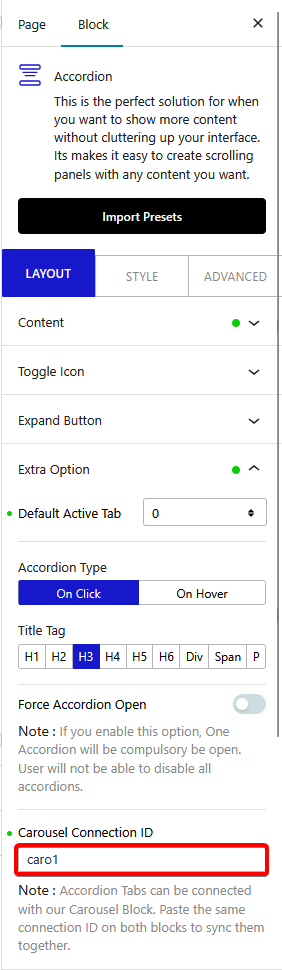 How to connect a Carousel with Accordion in WordPress? 6 accordion layout carousel conn id new