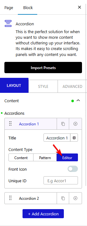 accordion layout content editor new