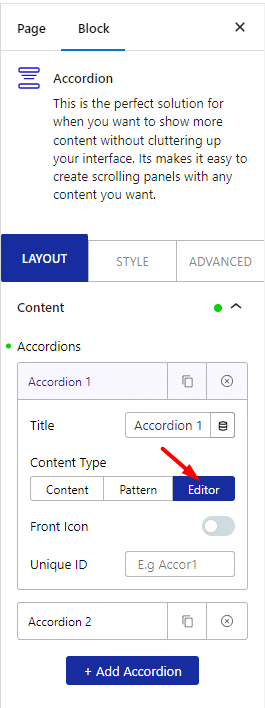 accordion layout content editor