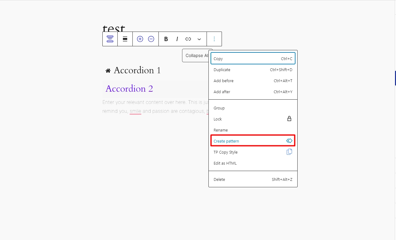 accordion layout create pattern setting