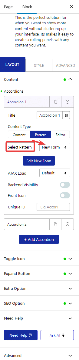 accordion layout select pattern