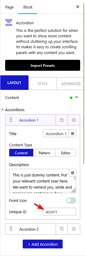 How to set an anchor link to an accordion item in WordPress? 5 accordion layout unique id new