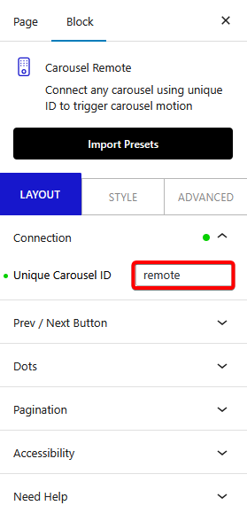 How to connect a Carousel Remote Sync with WordPress Tabs Tours Block? 6 carousel anything carousel remote unique carousel id 2 new