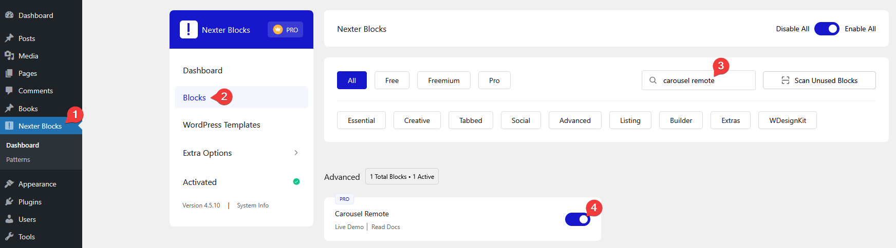 How to Connect WordPress Blocks with Carousel Remote Block? 5 carousel remote activate new 1