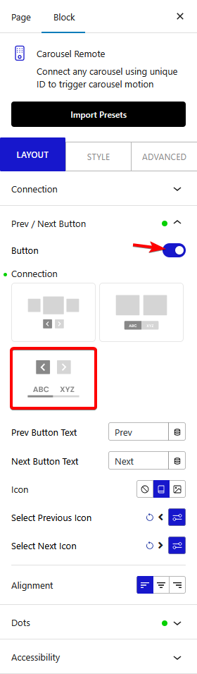 How to connect a Carousel Remote Sync with WordPress Tabs Tours Block? 7 carousel remote prev next button style 3 new