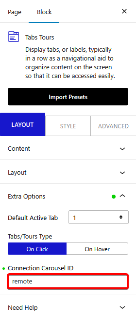 How to connect a Carousel Remote Sync with WordPress Tabs Tours Block? 5 carousel remote tabs tours connection uid new