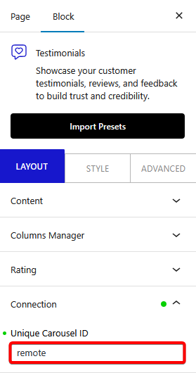 How to connect Carousel Remote Sync (Dots & Arrows) with WordPress Testimonials Block? 5 carousel remote testimonials connection uid new