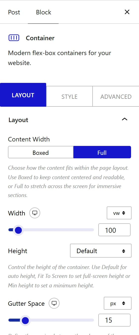 Setting the container to full width
