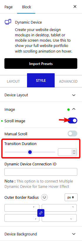 How to create Website Portfolio/Showcase Page in WordPress? 6 dynamic device style image scroll image transition duration new