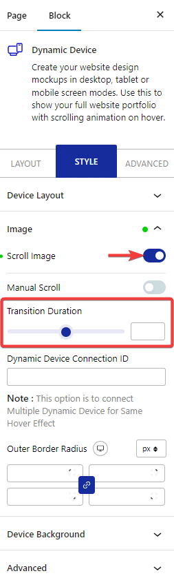 dynamic device style image scroll image transition duration