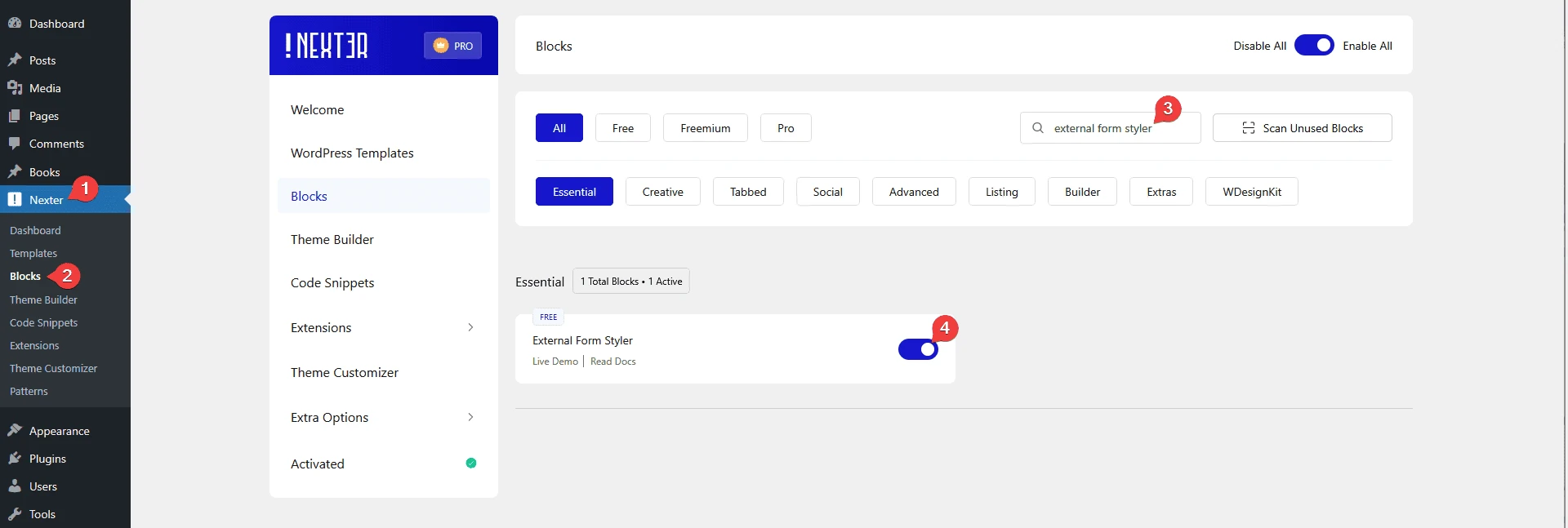 Enabling the External Form Styler block in Nexter > Blocks