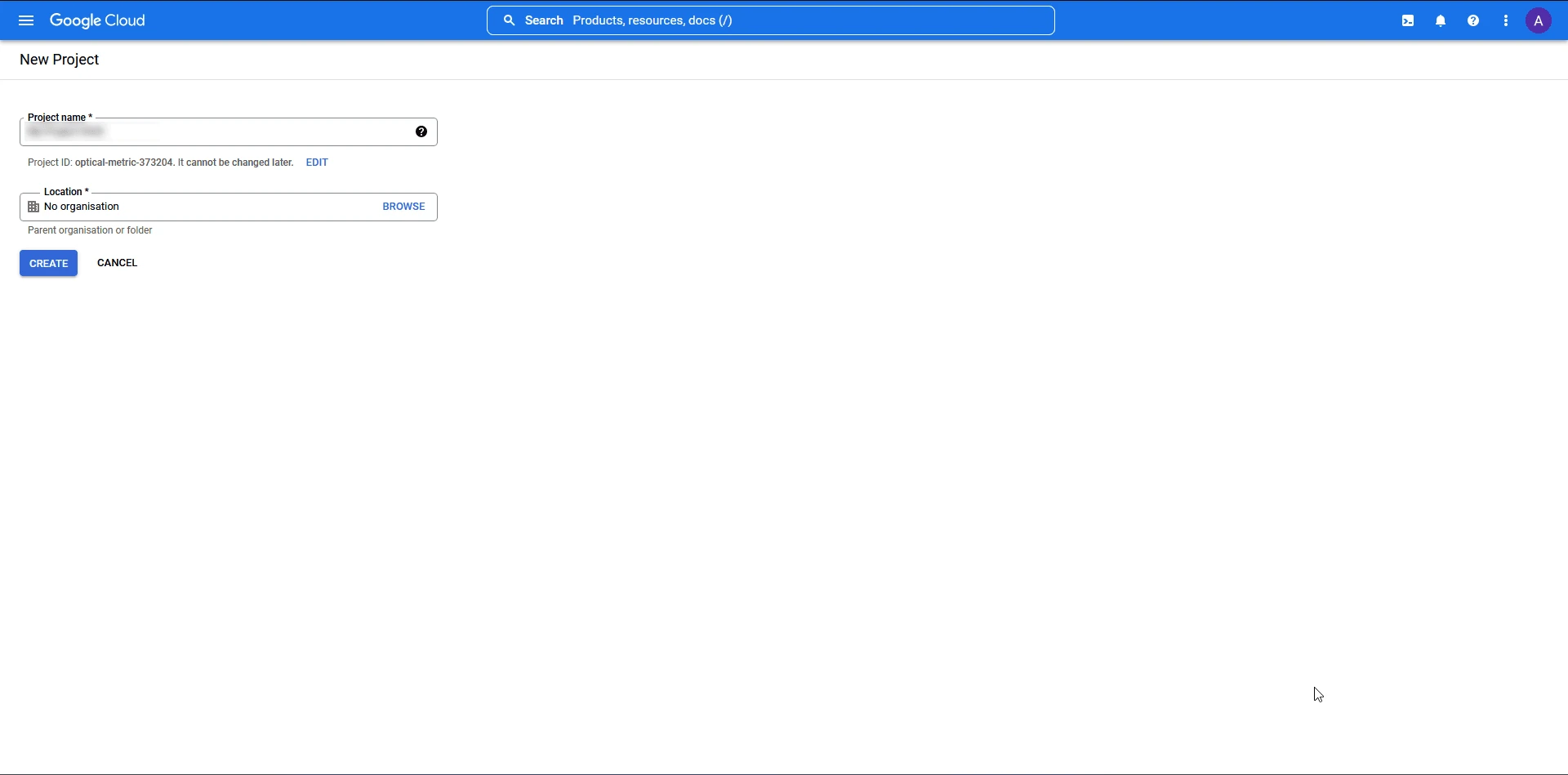 Creating a new project in Google Cloud