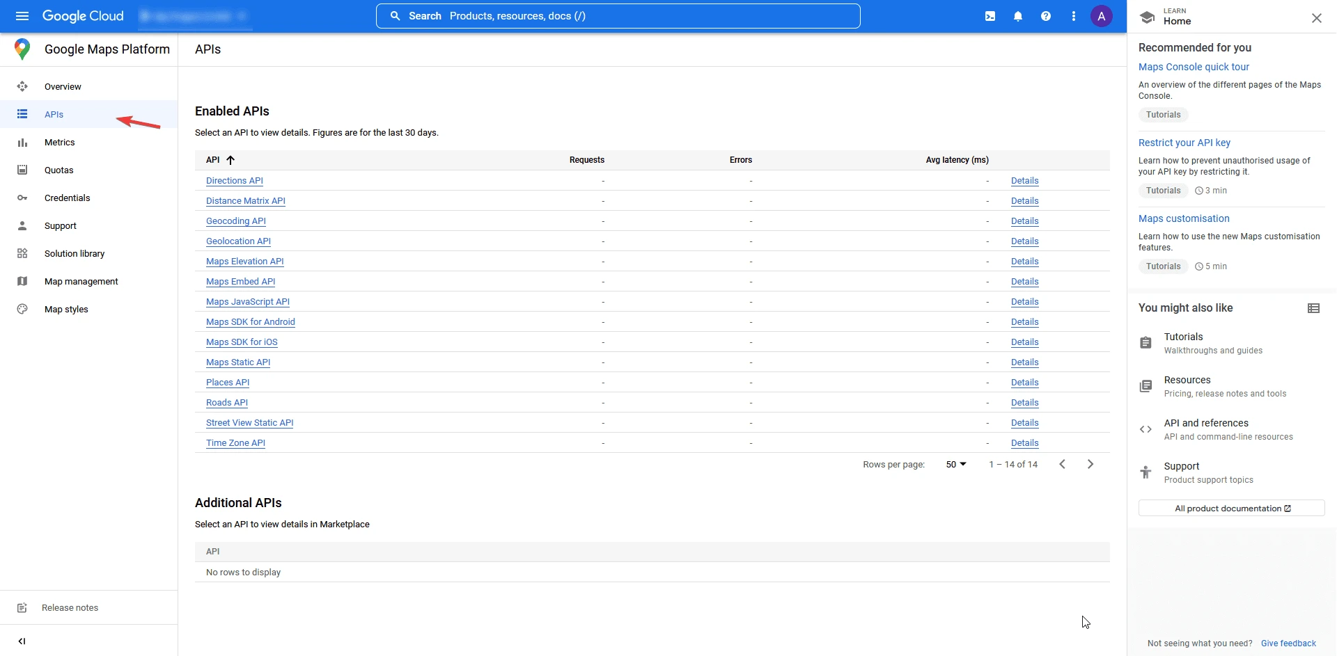 The list of enabled APIs in Google Maps Platform