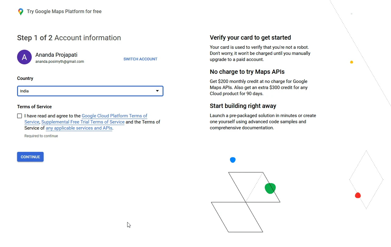 Choosing the country and accepting the terms in Google Cloud