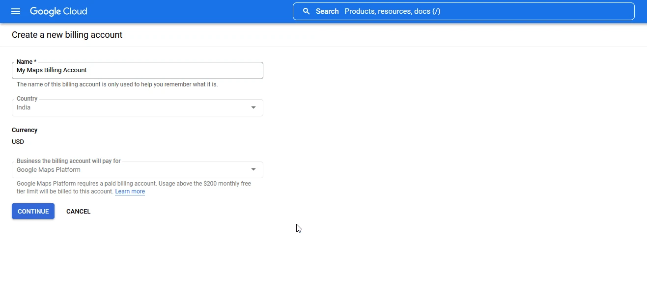 Naming a new billing account in Google Cloud