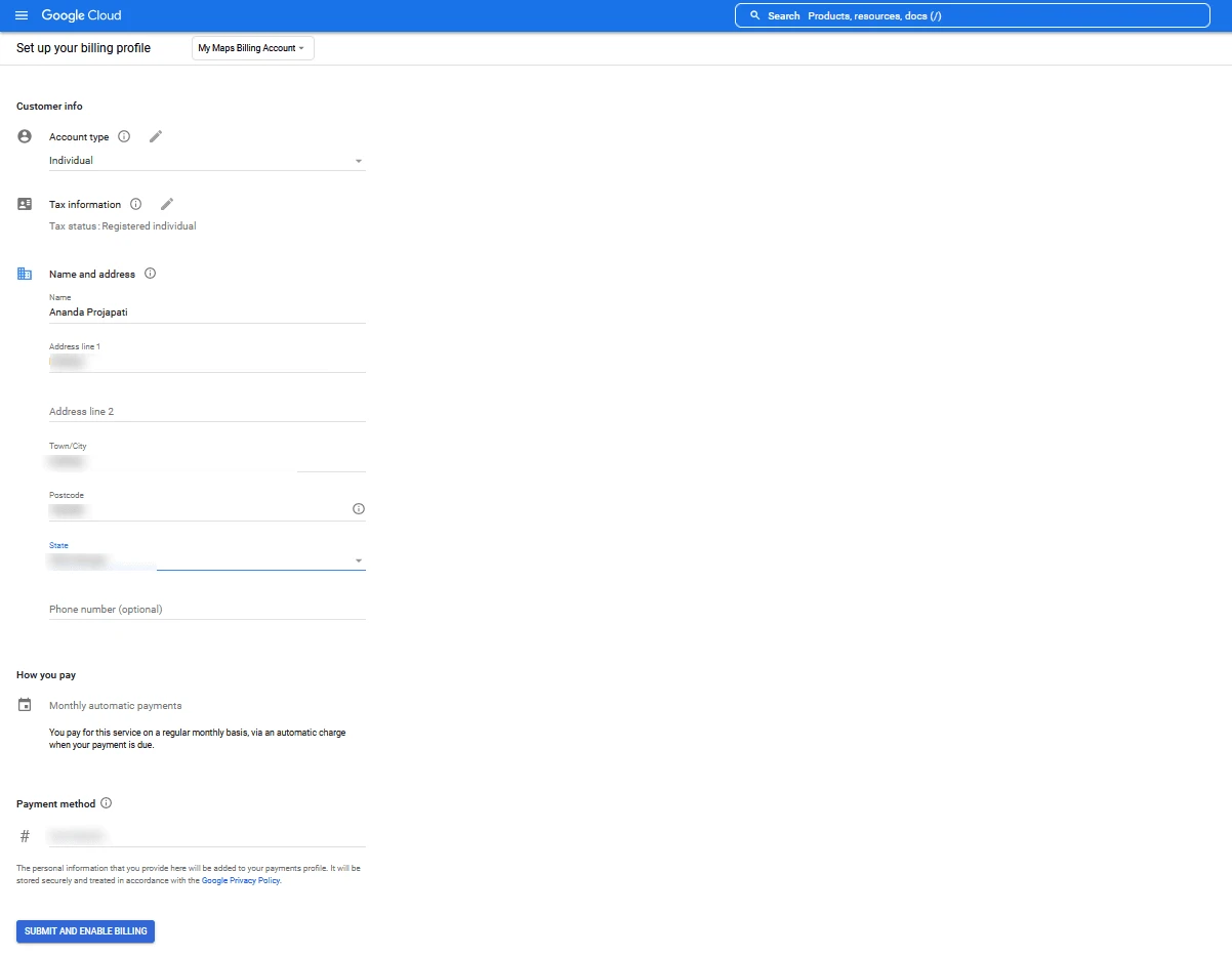 The billing information form in Google Cloud