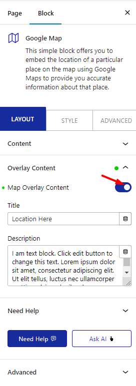 google map layout map overlay content