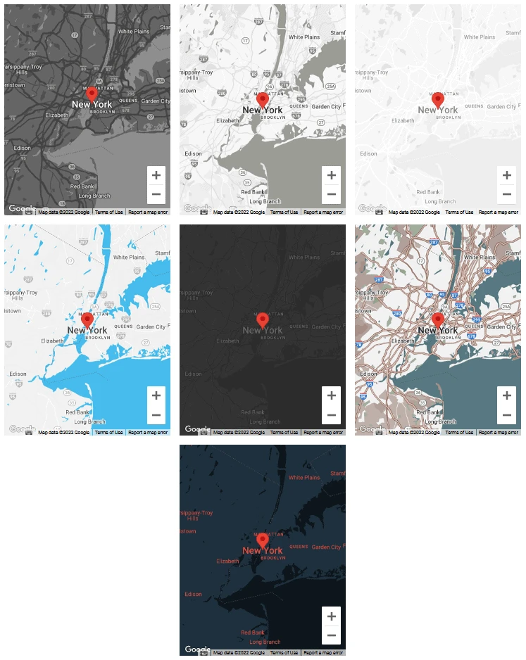 Seven Creative Map Style presets of the Google Map block