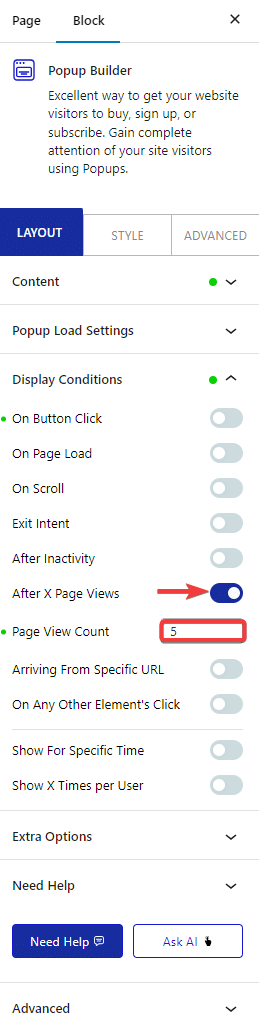 pop up builder content after x page views