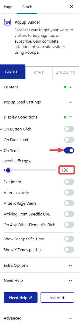pop up builder content display condition on scroll