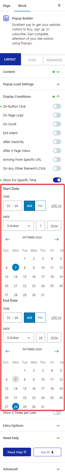 pop up builder content display condition show for specific time