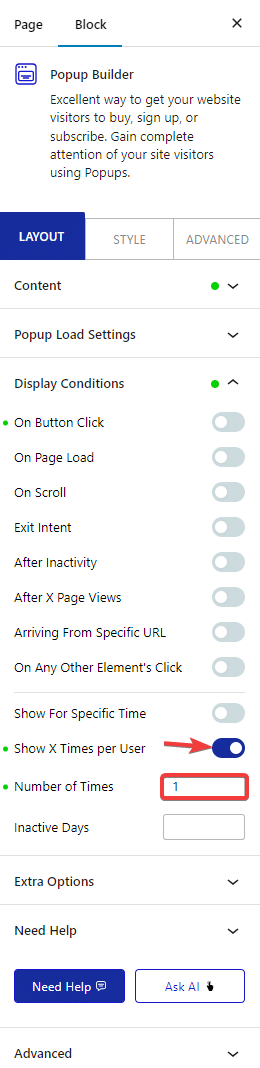 pop up builder content display condition show x times per user