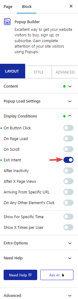 pop up builder content exit inlet