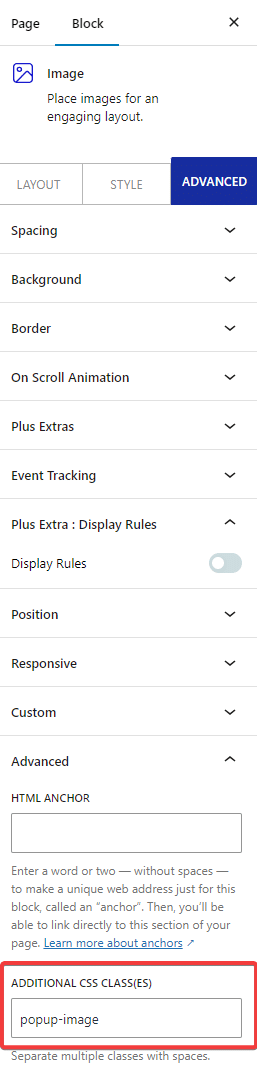 pop up builder content image block additional css class