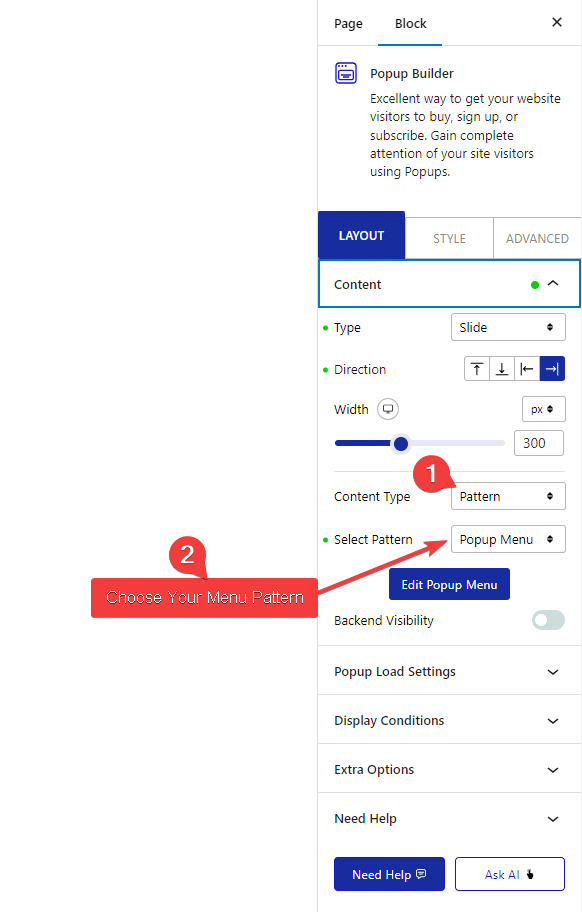 pop up builder content pattern popup menu