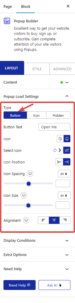 pop up builder content shortcode button