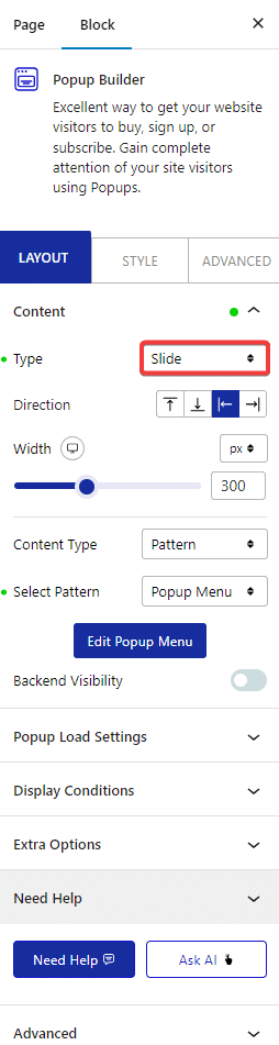 pop up builder content type slide