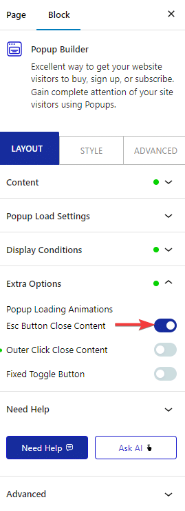 pop up builder esc button close content