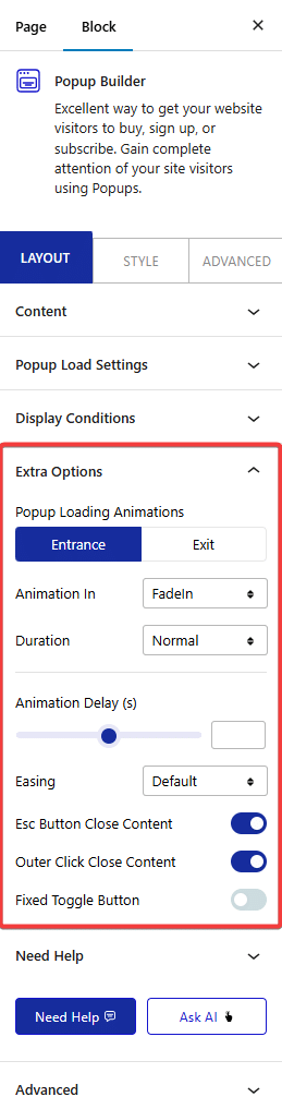 pop up builder extra options tab