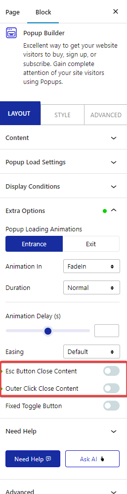 pop up builder outer click close content new