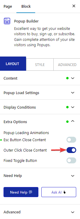 pop up builder outer click close content