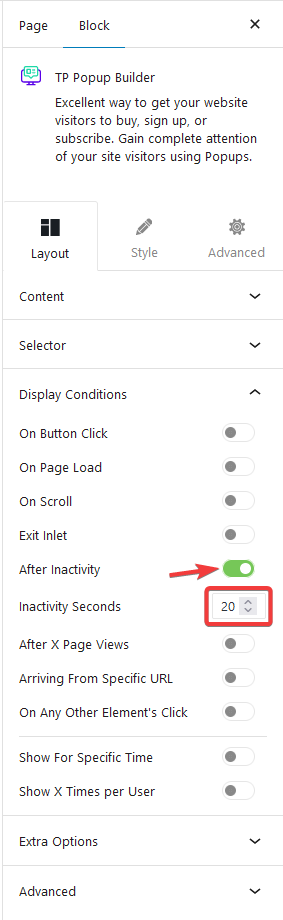 popup builder inactivity