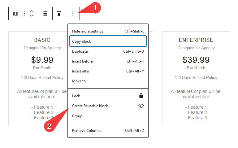 pricing table reusable block