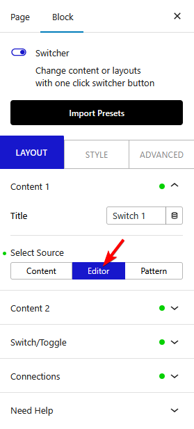 How to make a toggle switch pricing table with the Switcher block? 5 switcher select editor new