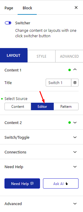 switcher select editor