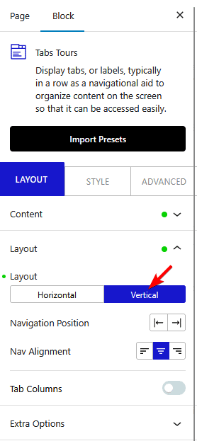 tab tours layout position new