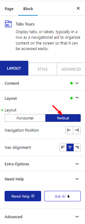 tab tours layout position