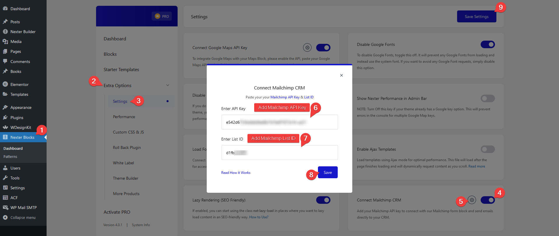 add mailchmp api key list id nexter blocks settings