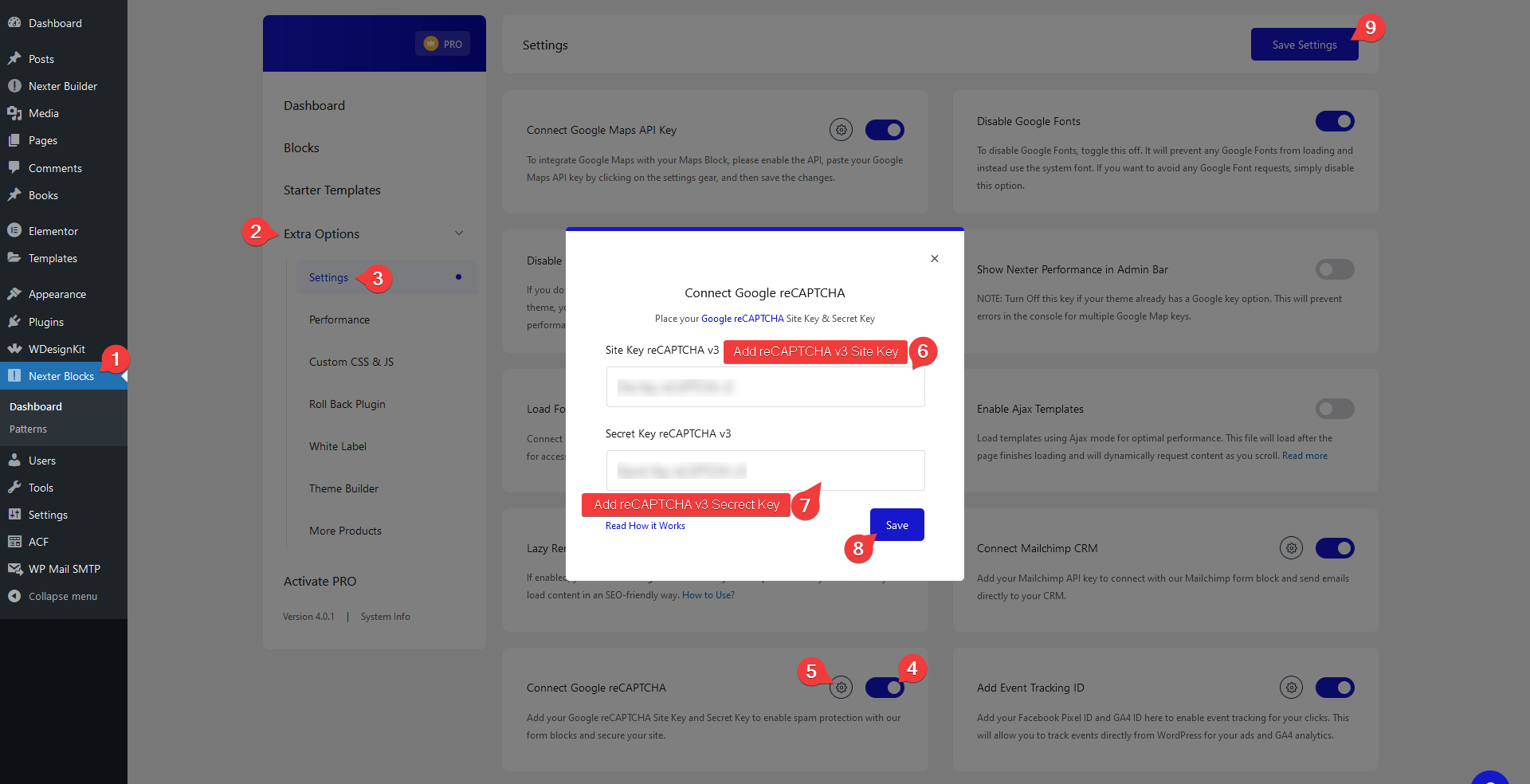 add recaptcha site key secrect key nexter blocks settings 1