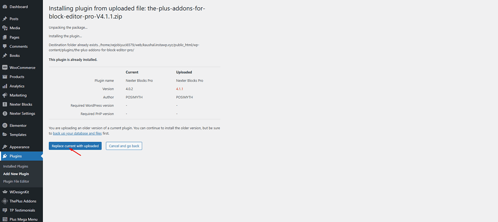 How to Roll Back Nexter WordPress Theme Free & Pro to Old Version? 8 nexter blocks replace current with uploaded