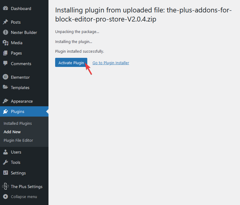 the plus addons block editor pro activate