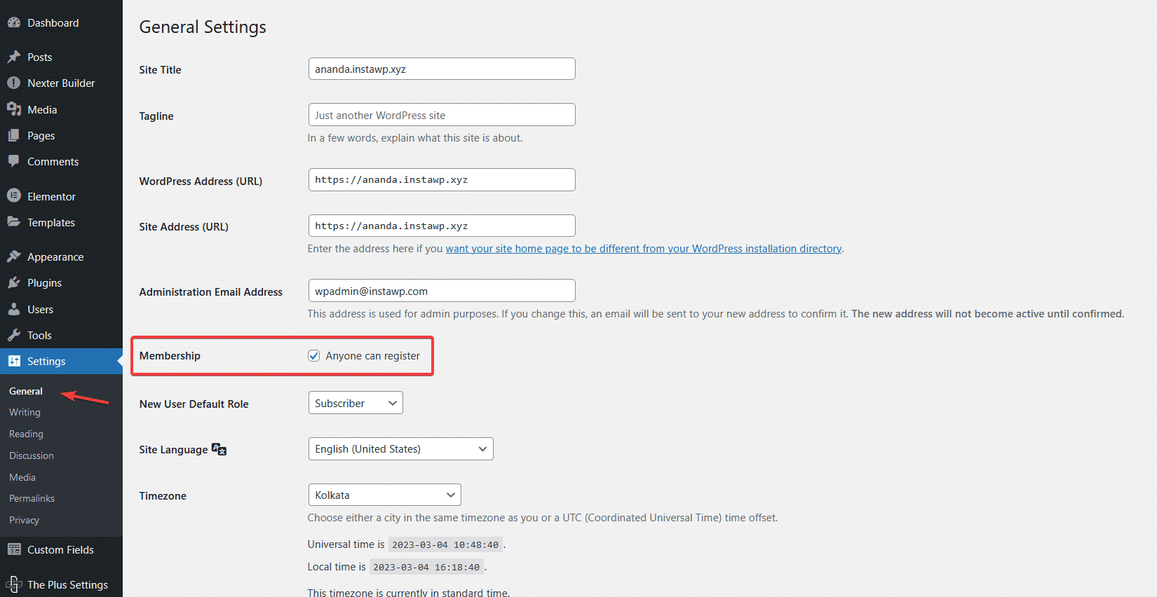 wordpress user registration settings