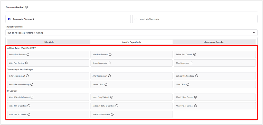 automatic placement specific pages posts